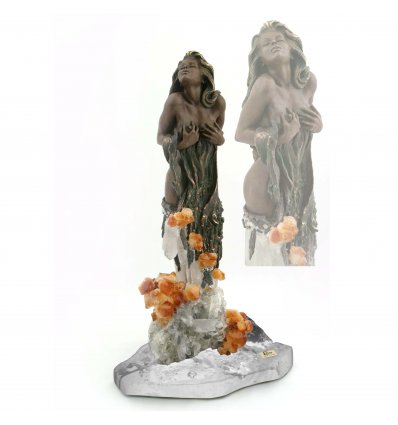 Modesty - Statueta din bronz pe suport din roca, cristale si cytrine