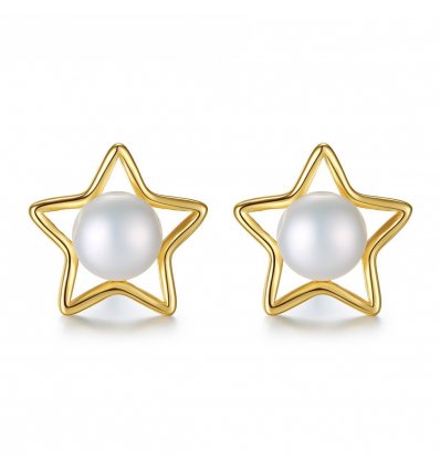 Cercei din argint placati cu aur Gold Pearl Stars