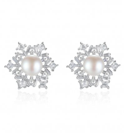 Cercei din argint in forma de fulg de nea Elegant Snow Flake and Pearl