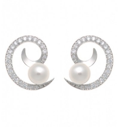 Cercei din argint cu model spiralat, perle de cultura si cubic zirconia