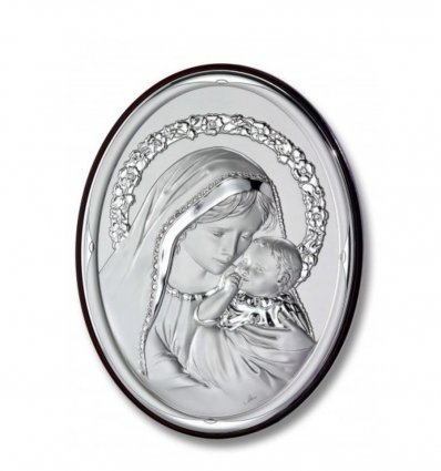 Icoana ovala argintata pe lemn - Fecioara Maria si Pruncul 45x32 cm