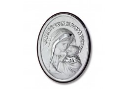 Icoana ovala argintata pe lemn - Fecioara Maria si Pruncul 45x32 cm