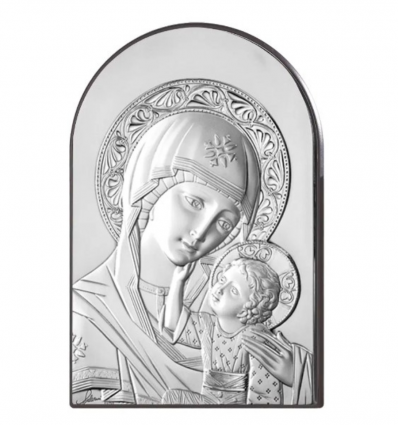Icoana ortodoxa argintata cu Maica Domnului si Pruncul 5x9 cm