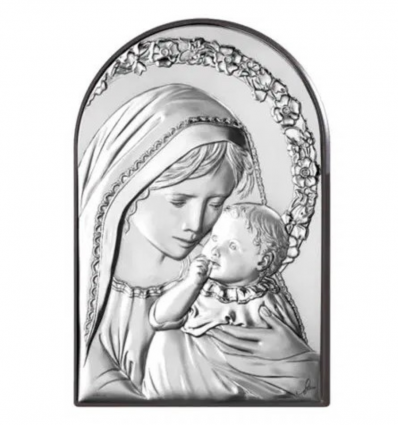Icoana argintata - Fecioara Maria si Pruncul Iisus - 12 x 8 cm