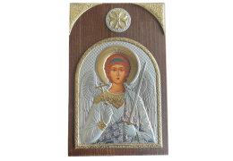 Icoana ortodoxa argintata cu Sf. Arhanghel Mihail pe rama de lemn 11 x 7.5 cm