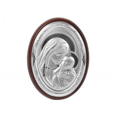 Icoana pe foita de argint cu Fecioara Maria si Pruncul- Dimensiuni: 18x13 cm