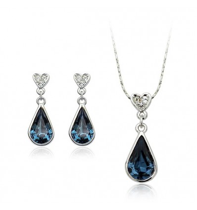 Blue Drops - Set de cercei si colier placate cu aur 18Kt si decorat cu cristale