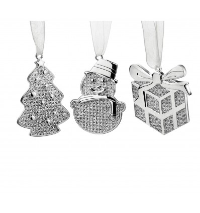 Happy Cristmas - set de 3 decoratiuni argintate pentru Bradul de Craciun