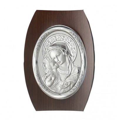 Icoana argintata ovala pe lemn cu Fecioara cu Pruncul 25*17.5 cm