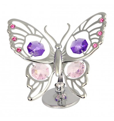 Fluturas argintiu cu cristale Swarovski roz si violet