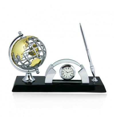 "Around the world"- Set de birou cu pix, ceas, suport de carti de vizita si glob pamantesc