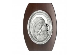 Icoana argintata ovala pe lemn Fecioara Maria si Pruncul