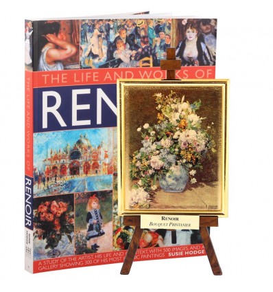 Tablou pe sevalet Renoir - Bouquet printanier - pe foita de aur de 23Kt si "Viata si operele lui Renoir" - album de arta