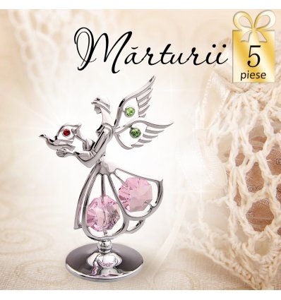 Ingeras argintiu cu cristale Swarovski roz - oferta de 5 marturii botez