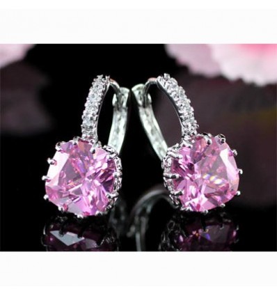 Cercei placati cu aur alb Pink Sapphire made with Swarovski Elements