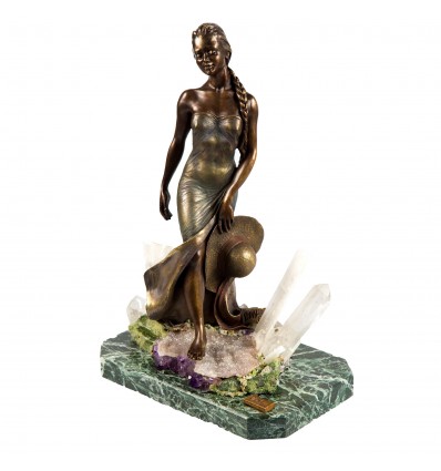 Statueta din bronz pe suport din marmura si ametist natural